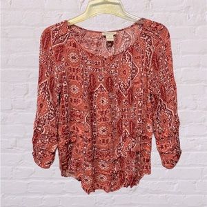 Lucky Brand orange red bohemian printed top blouse sz small